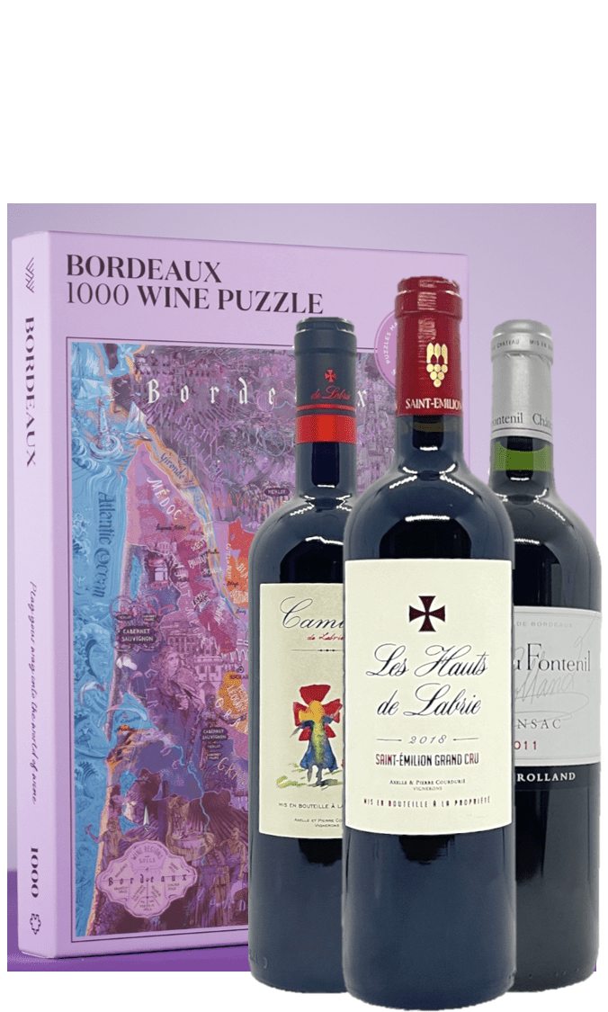 Bordeaux-låda med vin & pussel